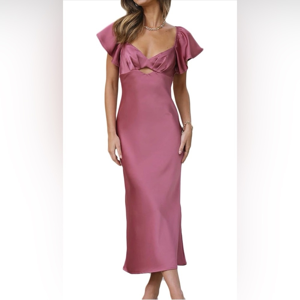 Satin Flutter Sleeve Midi Dress Mauve Pink Tie Back Wedding Guest – Size M